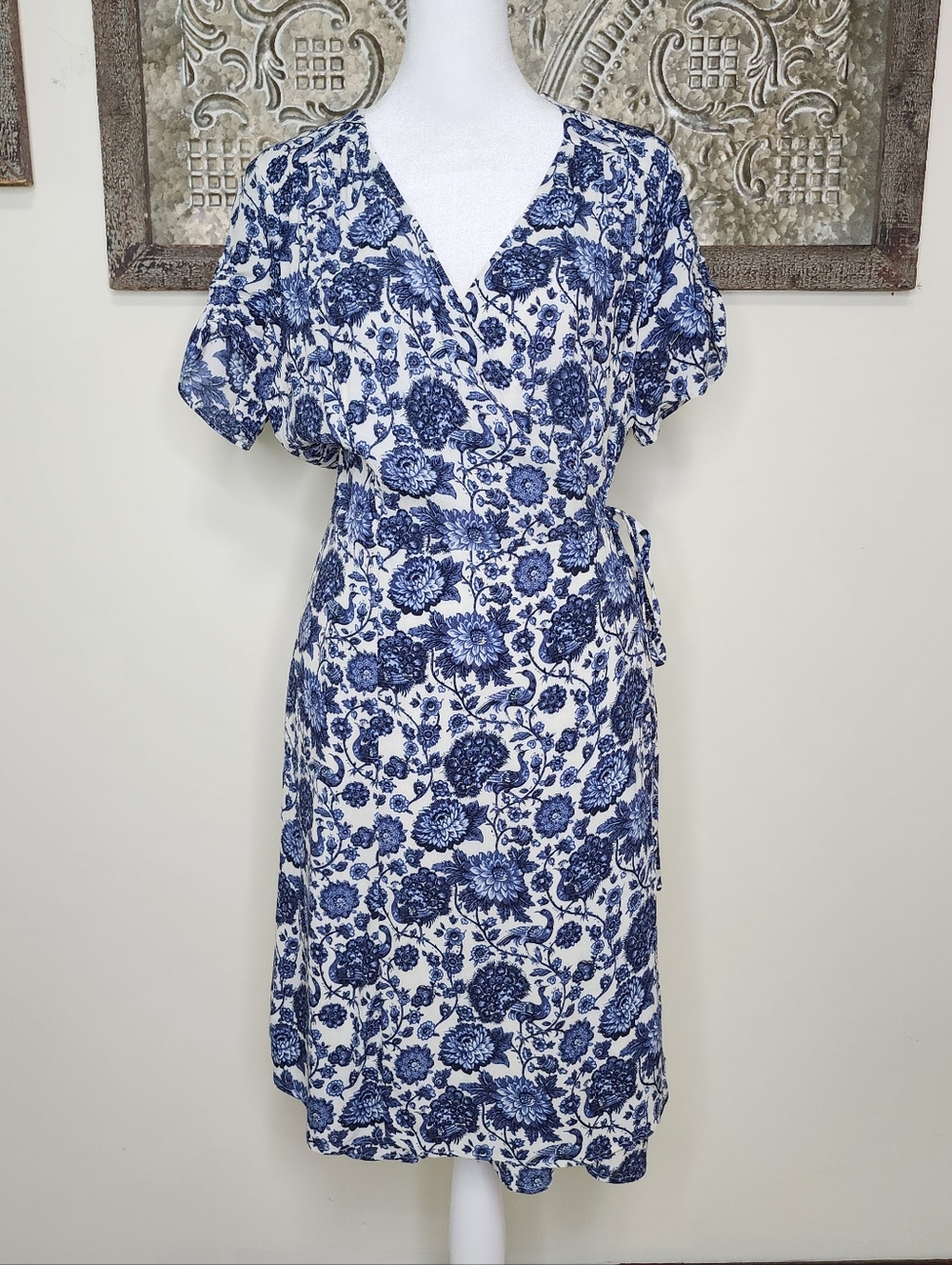 & Other Stories Blue and White Floral Wrap Mini Dress